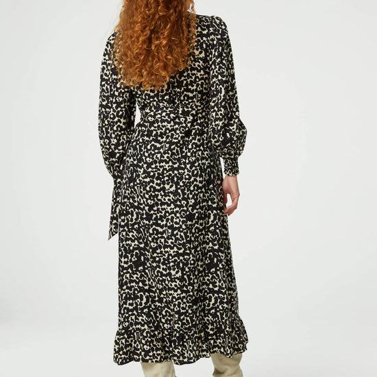 Black and ecru cat print long sleeved wrap dress