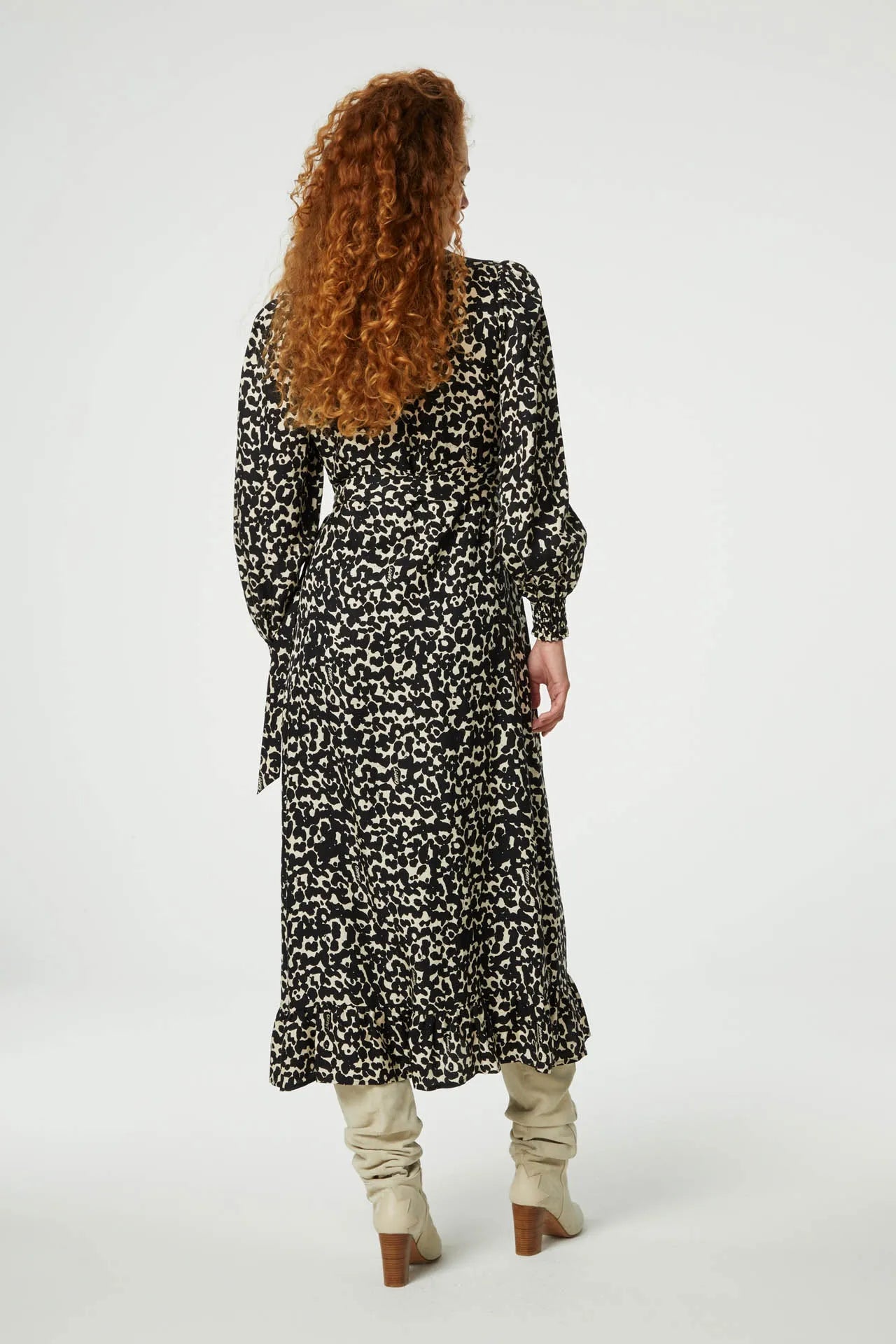 Black and ecru cat print long sleeved wrap dress