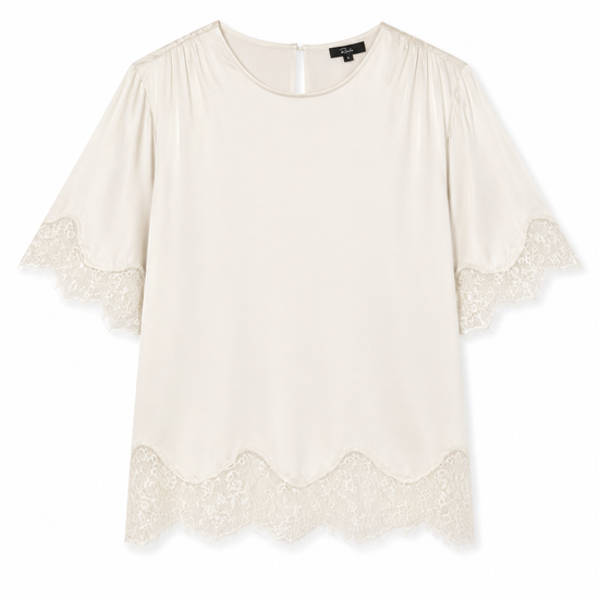 An off-white short-sleeve blouse with delicate lace trim at the hem and sleeve cuffs, displayed flat against a white background.