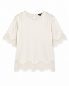 An off-white short-sleeve blouse with delicate lace trim at the hem and sleeve cuffs, displayed flat against a white background.