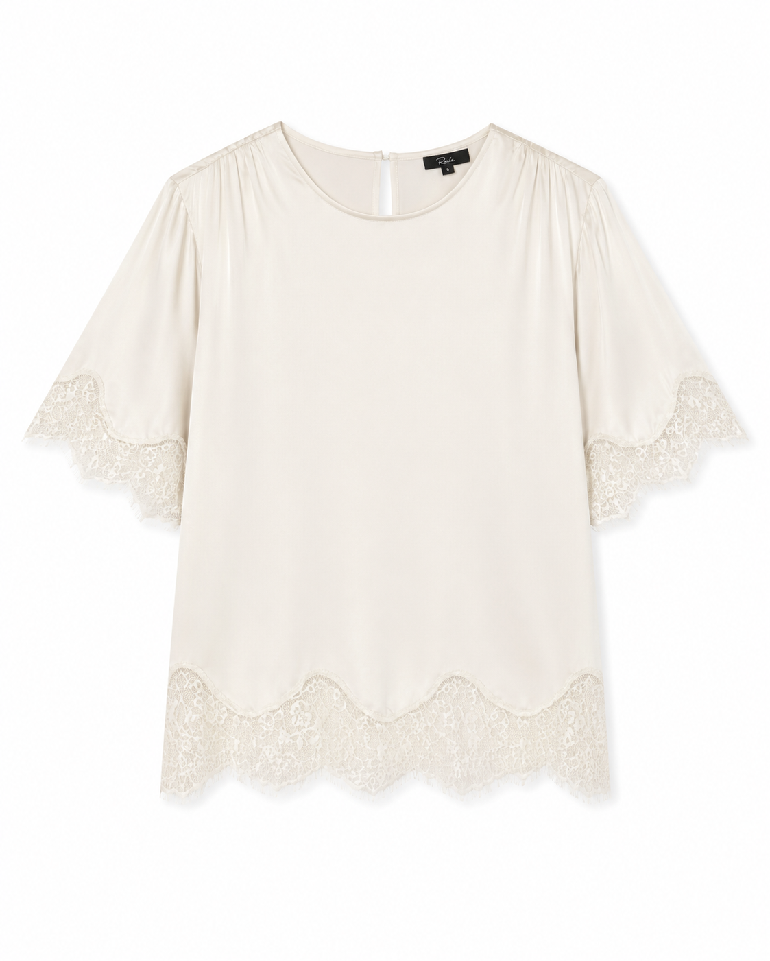 An off-white short-sleeve blouse with delicate lace trim at the hem and sleeve cuffs, displayed flat against a white background.