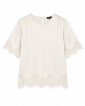 An off-white short-sleeve blouse with delicate lace trim at the hem and sleeve cuffs, displayed flat against a white background.
