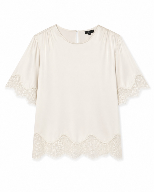An off-white short-sleeve blouse with delicate lace trim at the hem and sleeve cuffs, displayed flat against a white background.