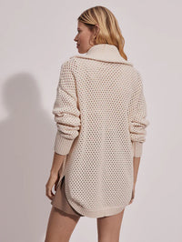 Ecru zip through knitted cardigan with silver zip and pointelle knitted stitching throughout