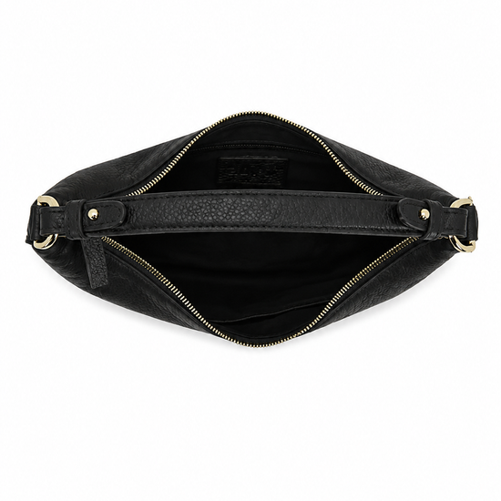 Black leather clutch bag shown open from the top, featuring a zippered closure with gold-tone hardware and a black interior lining.