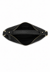 Black leather clutch bag shown open from the top, featuring a zippered closure with gold-tone hardware and a black interior lining.