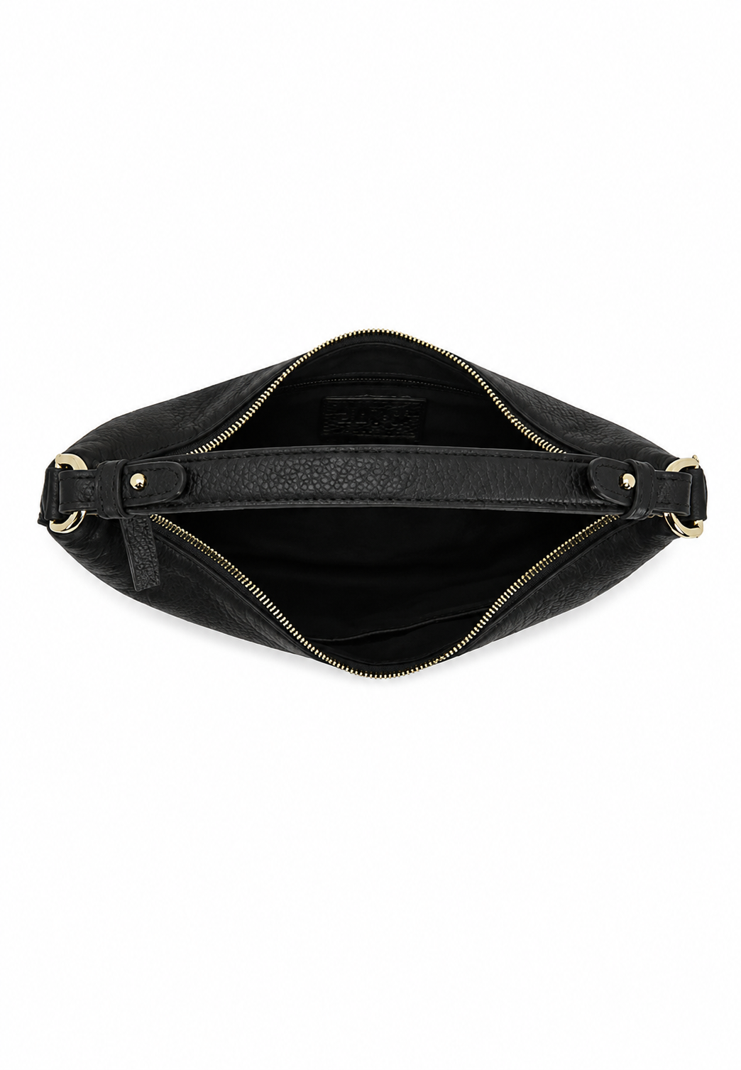 Black leather clutch bag shown open from the top, featuring a zippered closure with gold-tone hardware and a black interior lining.