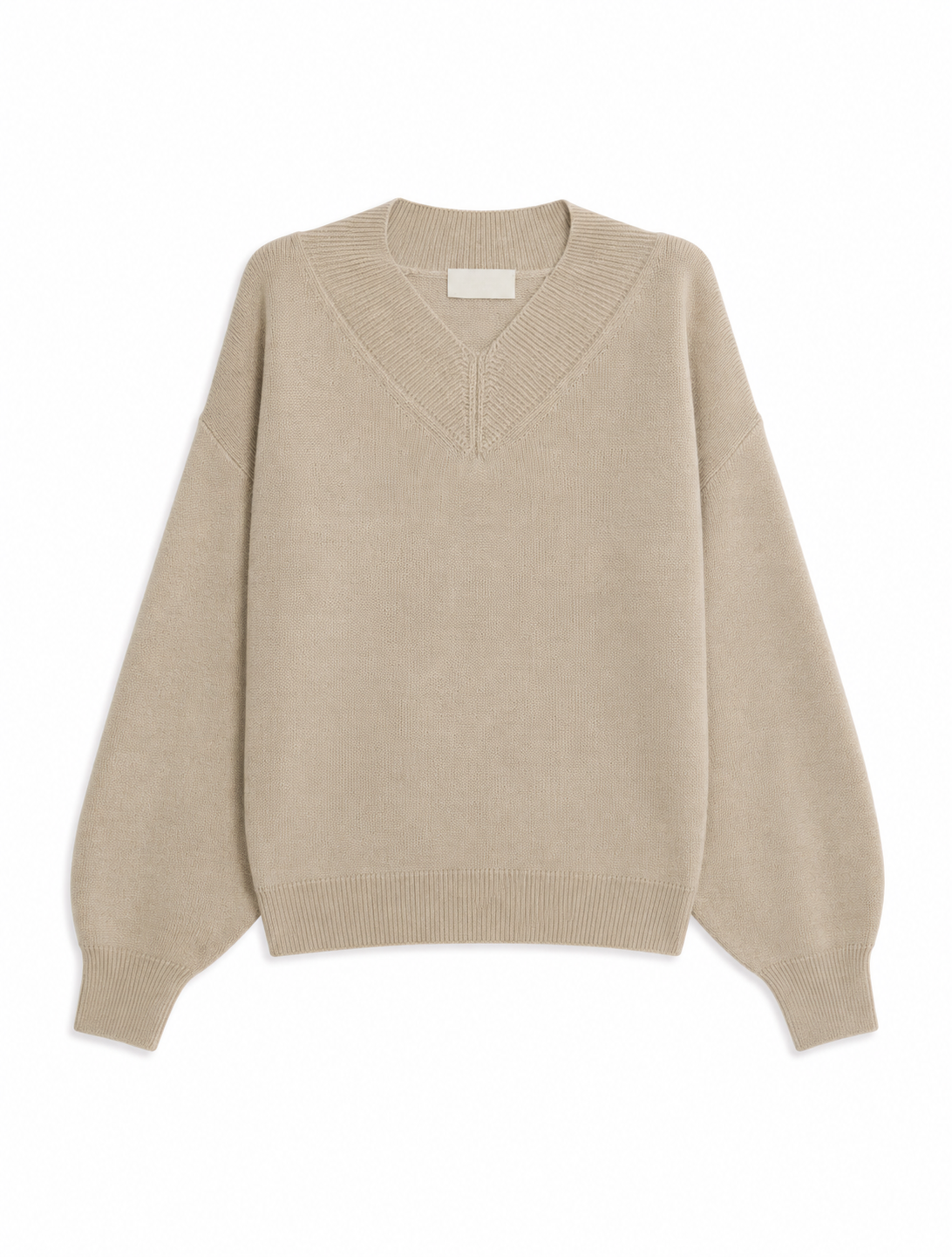 A light beige knit sweater with a V-neck and long balloon sleeves, shown flat against a plain white background.