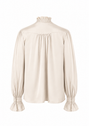 A cream-colored long-sleeve blouse with a ruffled mock neck, gathered waist, and flared cuffs, shown against a plain white background.