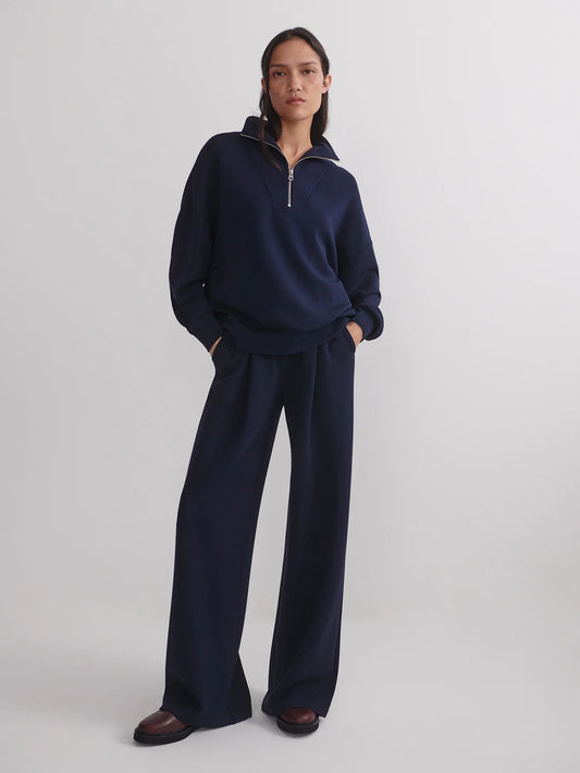 extra wide leg navy elasticated waistband trousers from varley model shot