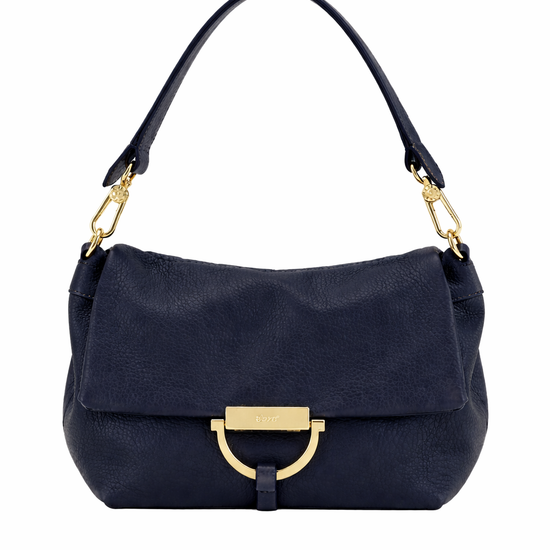 Navy leather bag with gold hardwear and 2 length straps