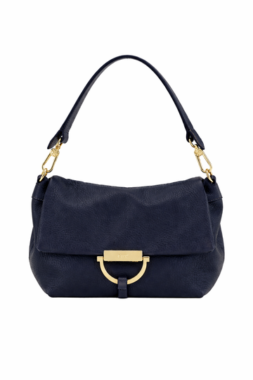 Navy leather bag with gold hardwear and 2 length straps