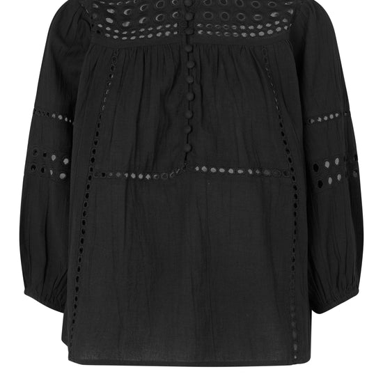 broderie anglaisblack blouse with high neck and elbow length elasticated cuffs 