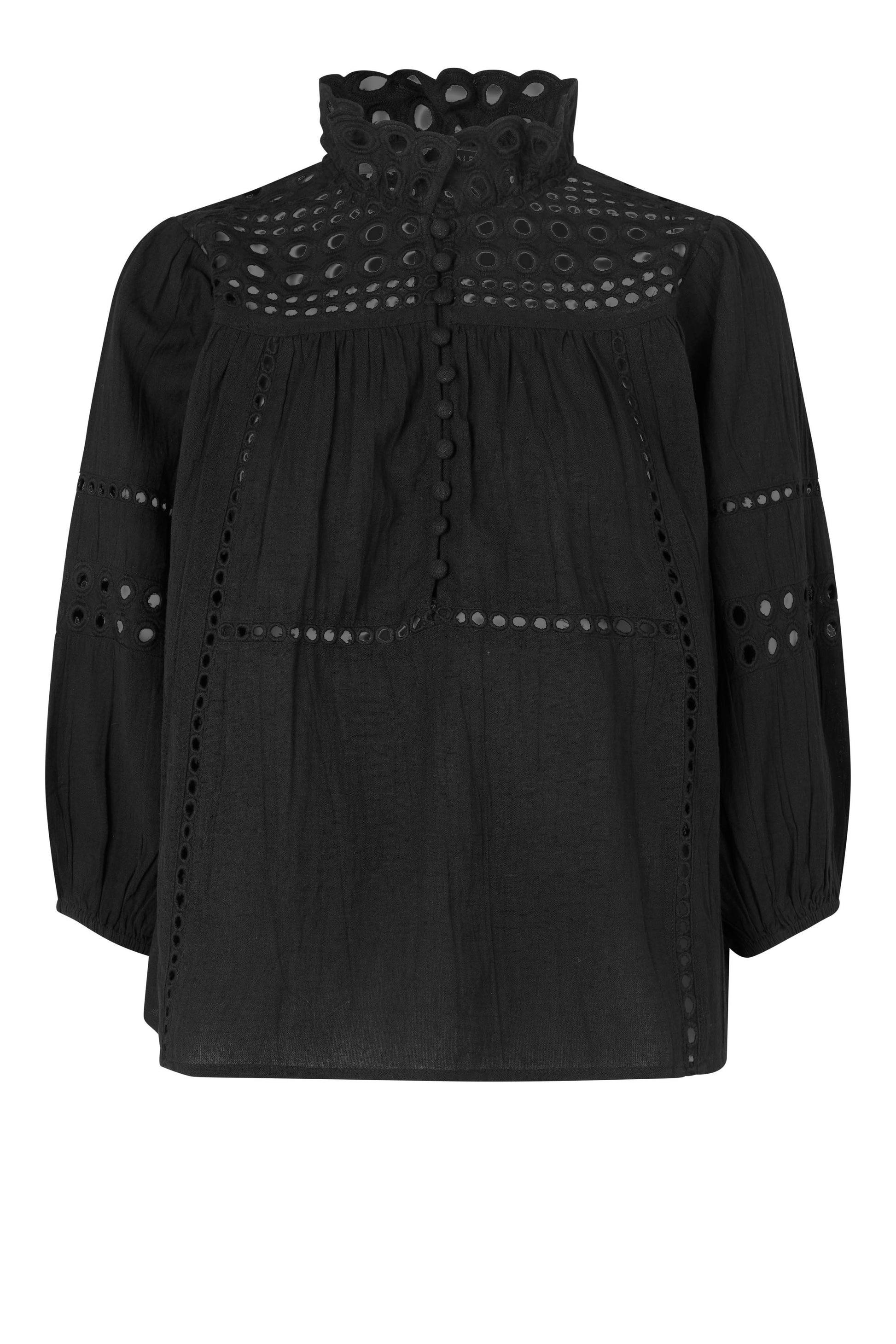 broderie anglaisblack blouse with high neck and elbow length elasticated cuffs 