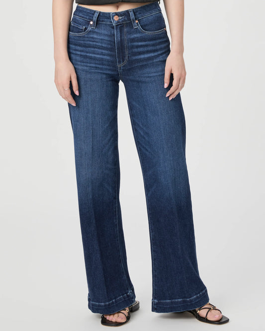 dark blue wide leg high waist jeans close up