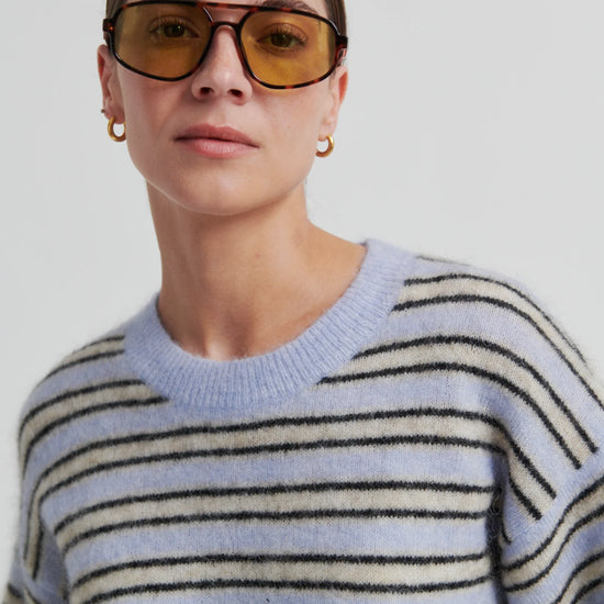Person wearing a light blue and beige striped sweater with yellow-tinted sunglasses against a white background from Second Female