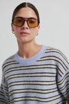 Person wearing a light blue and beige striped sweater with yellow-tinted sunglasses against a white background from Second Female