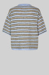 Striped shirt with blue and beige pattern on a gray background rear view