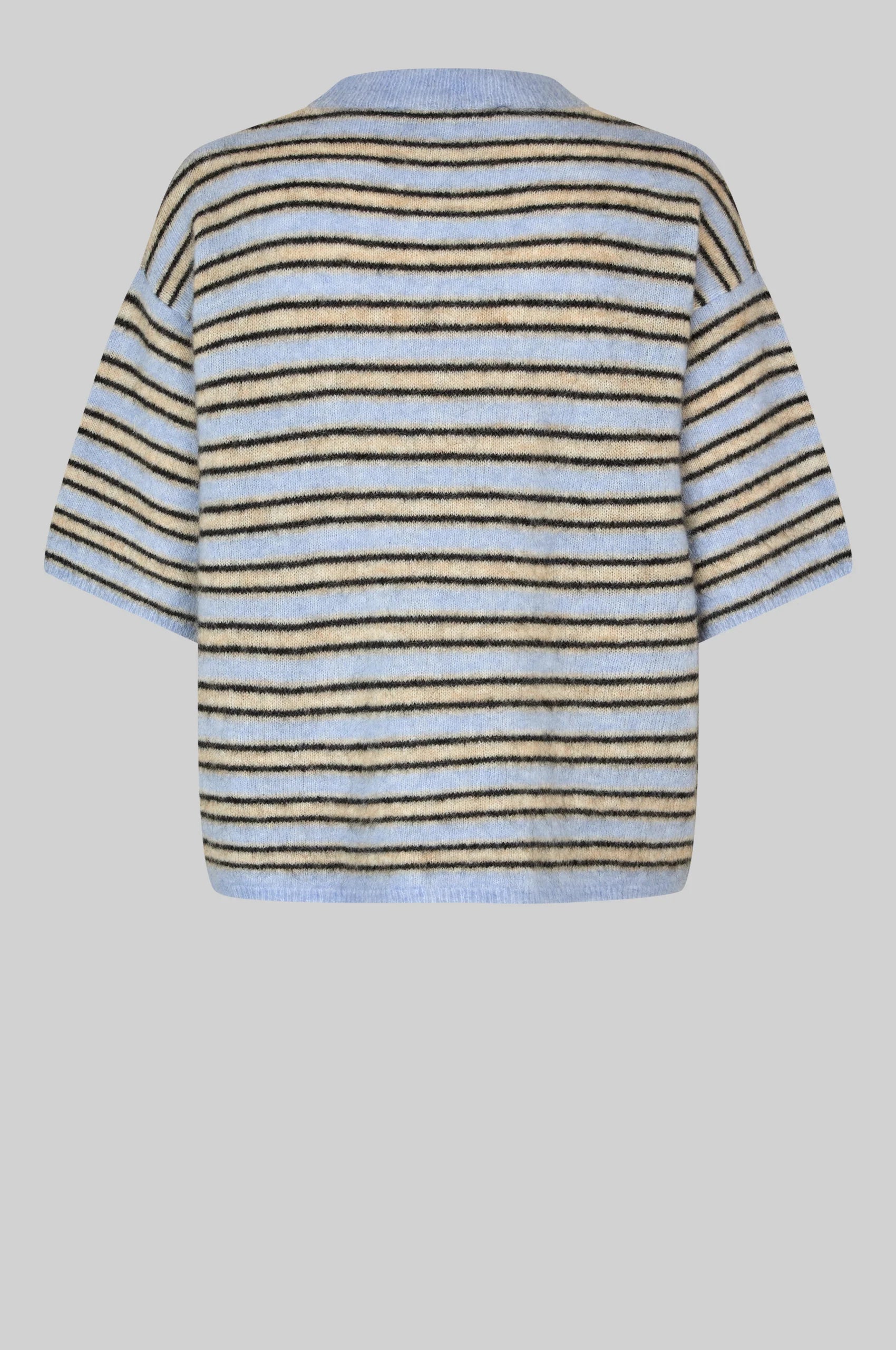 Striped shirt with blue and beige pattern on a gray background rear view