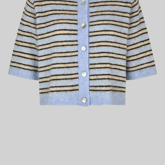 Striped cardigan with blue and beige pattern on a gray background from Second Female