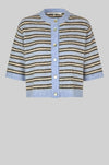 Striped cardigan with blue and beige pattern on a gray background from Second Female