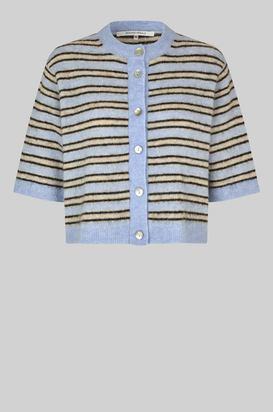 Striped cardigan with blue and beige pattern on a gray background from Second Female