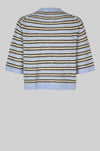 Back of Striped sweater with blue and beige pattern on a light gray background