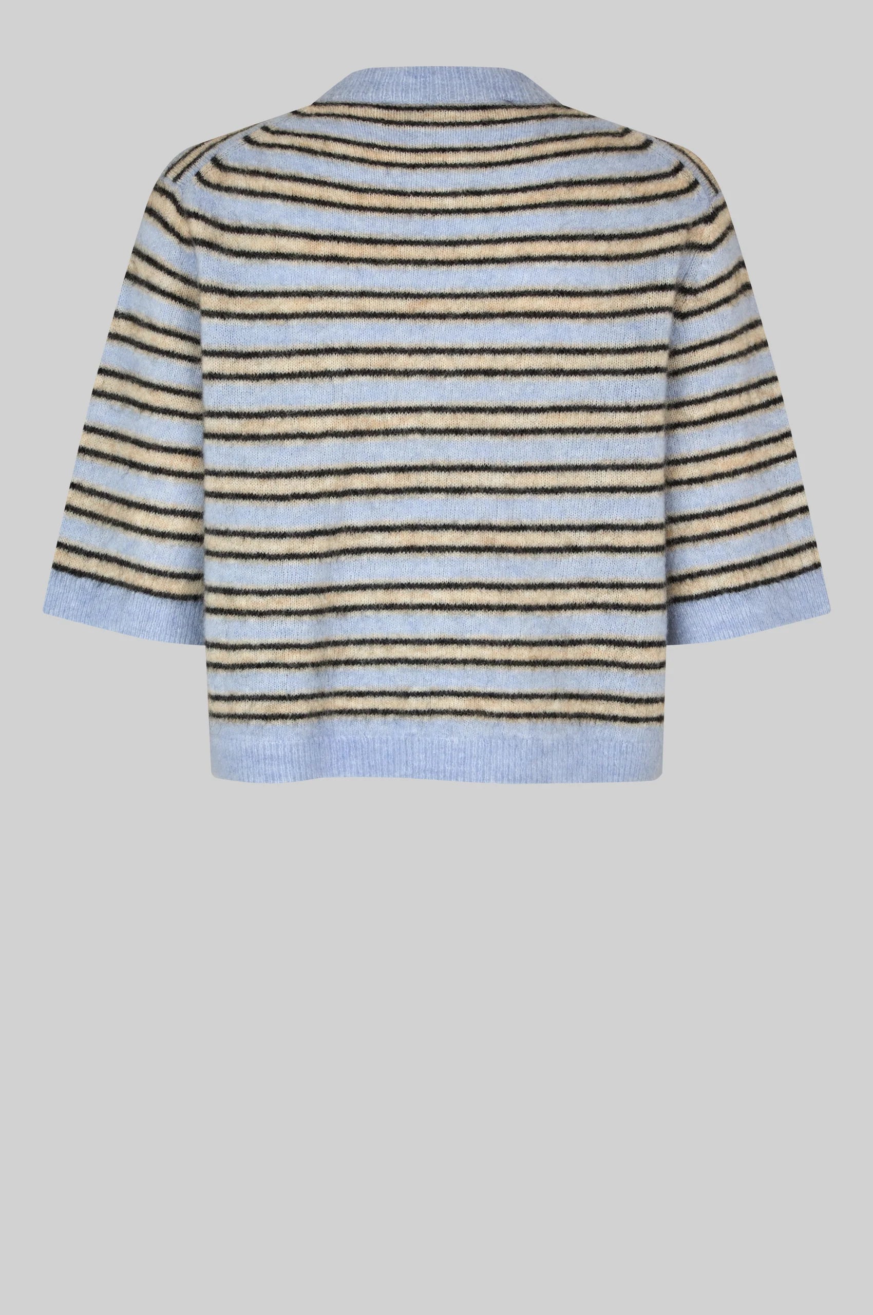 Back of Striped sweater with blue and beige pattern on a light gray background