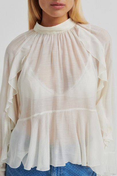 White sheer blouse with long sleeves on a white background from second female