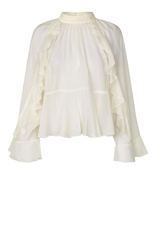 ecru blouse with ruffled sleeves and collar on a white background from second female