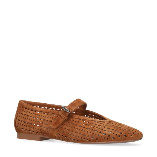 Brown perforated ballet flat on a white background