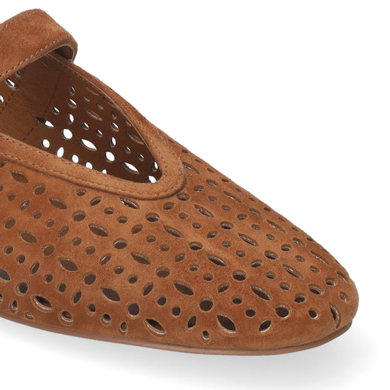 Brown perforated flat shoe on a white background