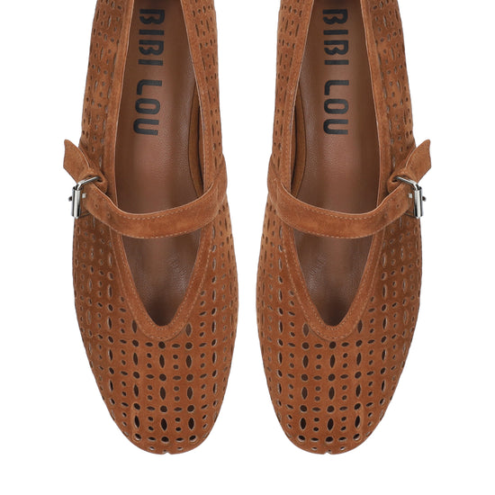 Pair of brown shoes with 'Bibi Lou' branding on a white background