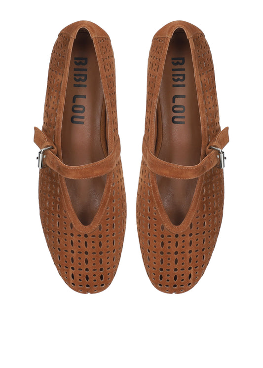 Pair of brown shoes with 'Bibi Lou' branding on a white background