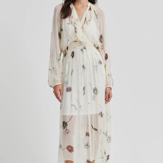 Woman wearing a floral dress on a white background