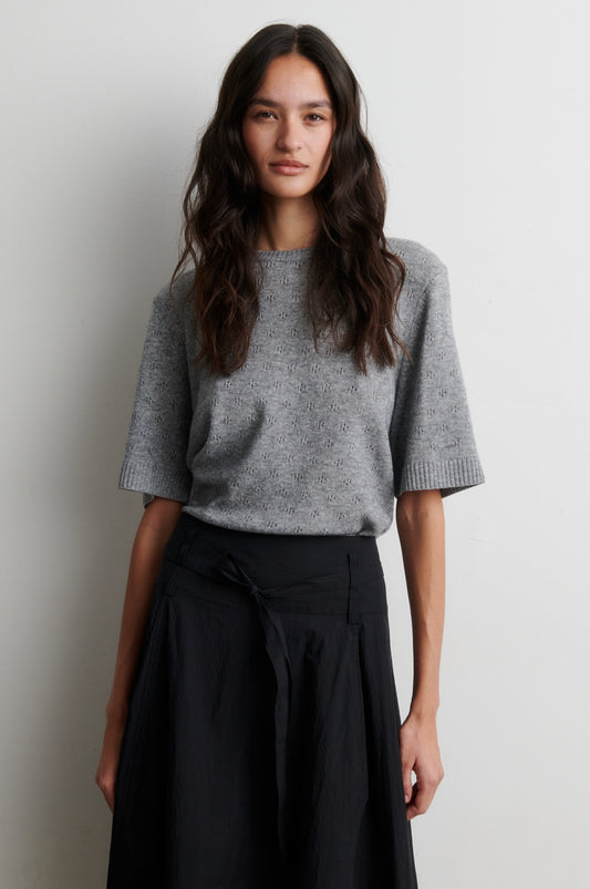 Round neck short sleeve cashmere blend jumper from Second Female worn with black skirt