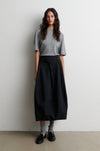 Short sleeved cashmere blend grey knit worn with a black skirt from Second Female