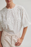White blouse with floral embroidery worn by a person on a plain background