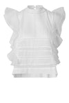 White ruffled blouse on a white background from second female