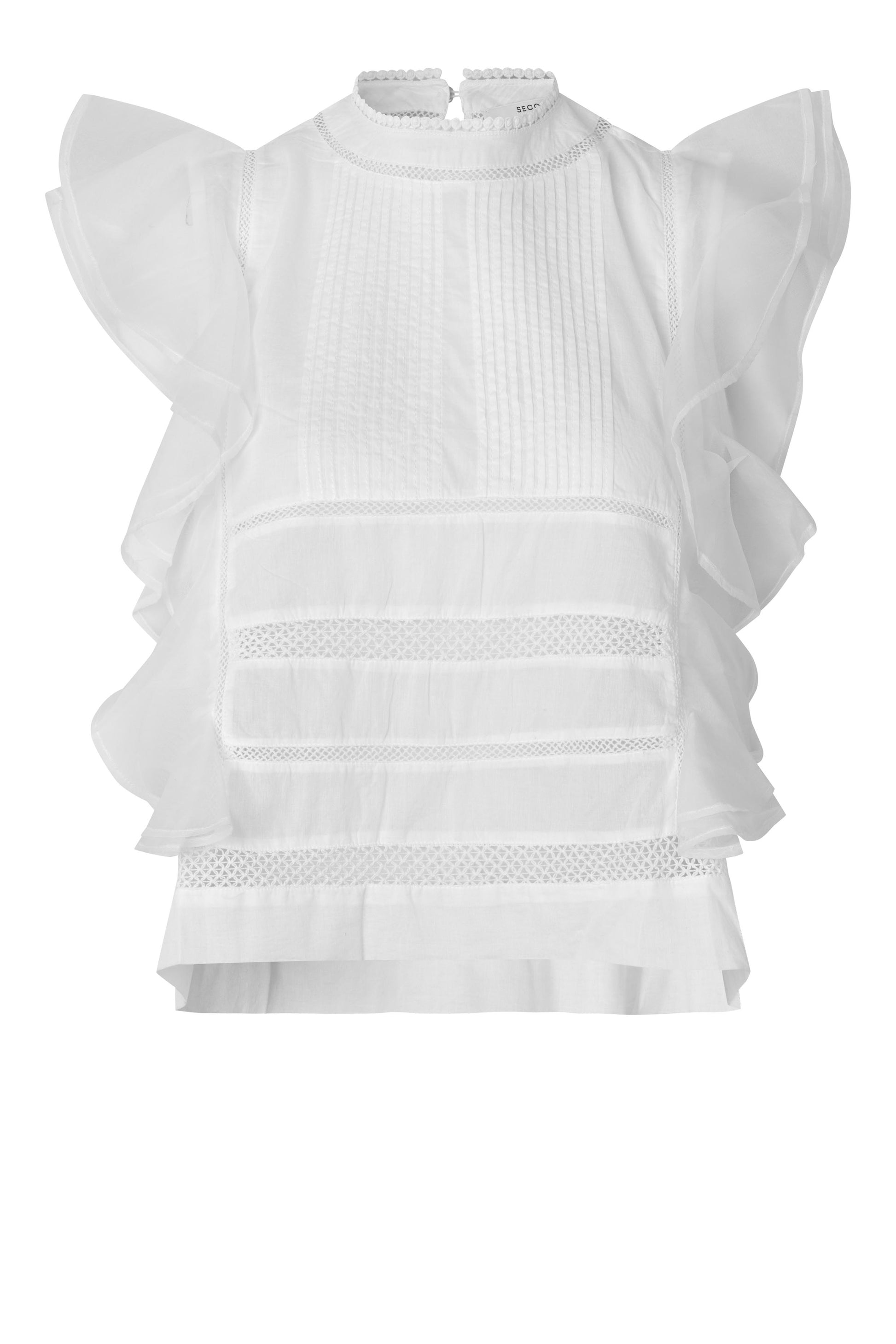 White ruffled blouse on a white background from second female