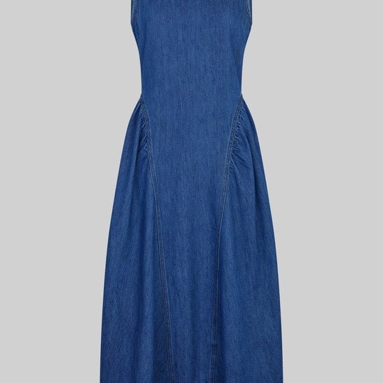 Blue denim dress by second female on a white background