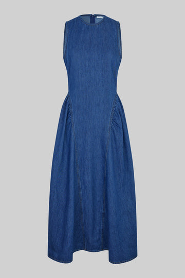 Blue denim dress by second female on a white background