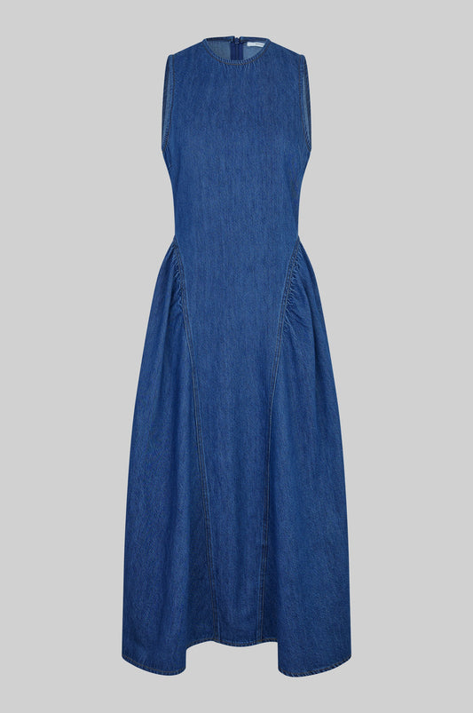 Blue denim dress by second female on a white background