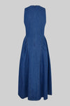 Blue denim dress by second female on a white background rear view