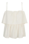 Off White top with spaghetti straps and ruffled layers on a white background from second female