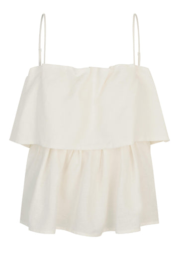 Off White top with spaghetti straps and ruffled layers on a white background from second female