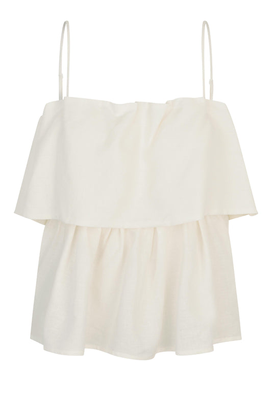 Off White top with spaghetti straps and ruffled layers on a white background from second female
