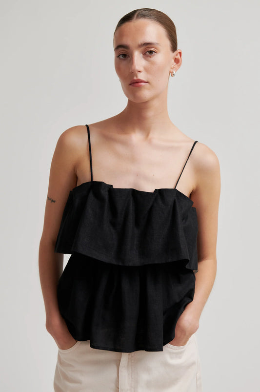 Woman wearing a black top with thin straps against a plain background from second female