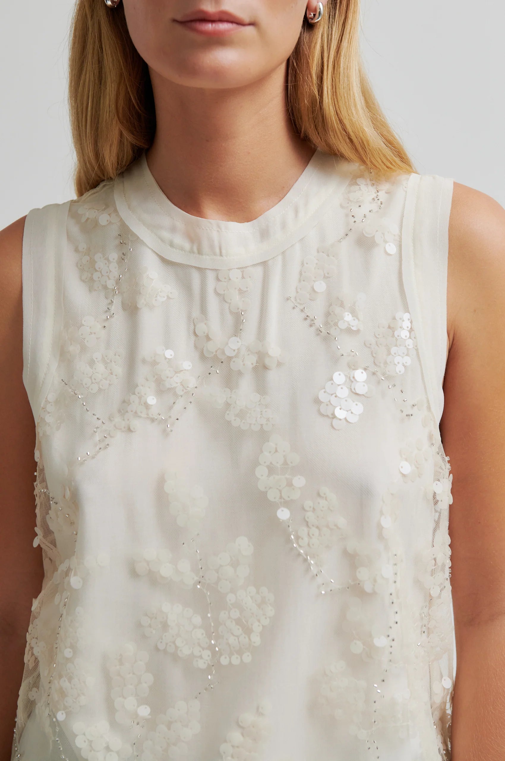 Sleeveless cream top with sequin and beading detail from Second Female