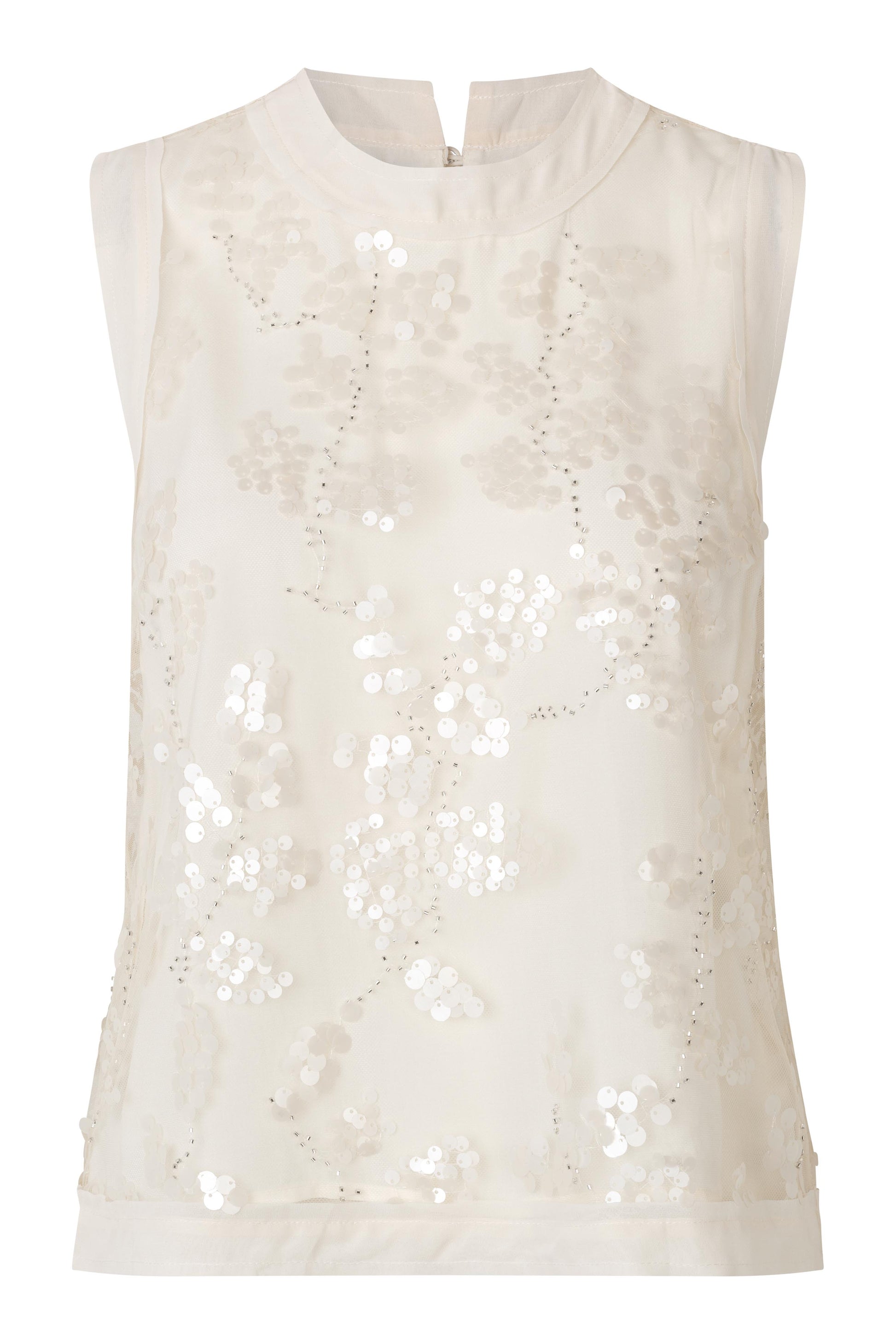 White sleeveless top with sequin detailing on a white background from secnd female
